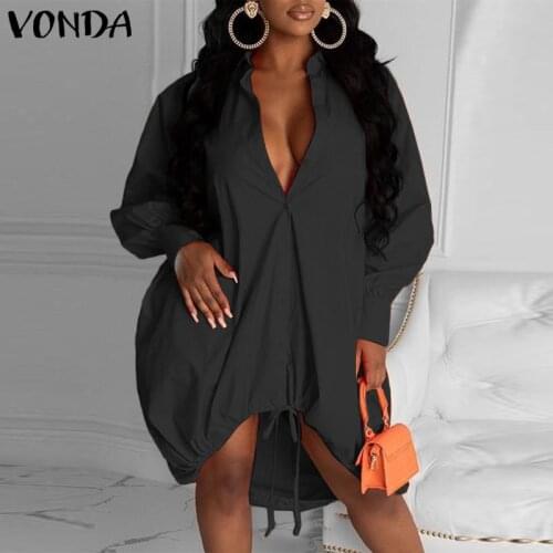 VONDA Women Dress Casual Lapel Button Down Shirt Dresses Bohemian Vestidos Plus Size Long Sleeve Plain Sundress Femme Short Robe