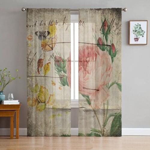 Rose Butterfly Retro Sheer Curtains for Living Room Bedroom Kitchen Tulle for Windows Voile Drapes Home Decoration