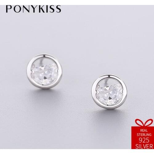 PONYKISS Vintage Solid S925 Sterling Silver Zircon Simple Spring Stud Earrings Creative Style Women Jewelry Accessories Gift