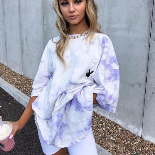 Chic Rabbit Head Vintage Tie Dye Oversized T Shirts Woman Tshirts O-neck American 2021 Summer Plus Size Tops Korean Fashion Tees