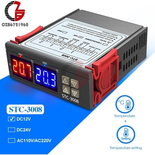 STC-3008 DC 12V Dual Thermostat Dual LED Display Dual Sensor Probe Digital Temperature Controller Incubator Refrigerator Control