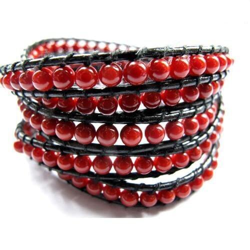 Unique Pearls Jewellery Store New Fine Women Jewelry Genuine Black Leather WIth Gem Stone Red Coral Beads Wrap Bracelet