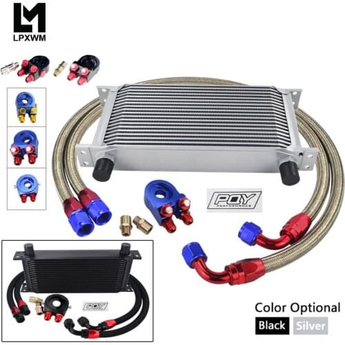 UNIVERSAL 19 ROWS OIL COOLER KIT +OIL FILTER SANDWICH + STAINLESS STEEL BRAIDED AN10 HOSE WITH STICKER+BOX
