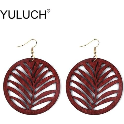 YULUCH Vintage Wooden Earrings Round Hollow Grass Leaf Pendant Earrings for Women Fashion Ethnic Jewelry Gifts