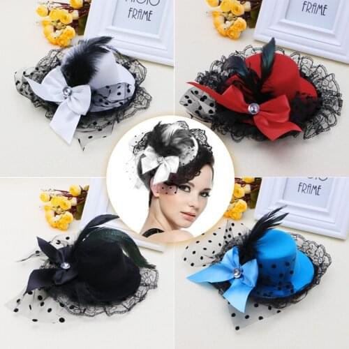 Women girl Bow Hair Clip Lace Feather Mini Top Hat Fascinator Fancy Party