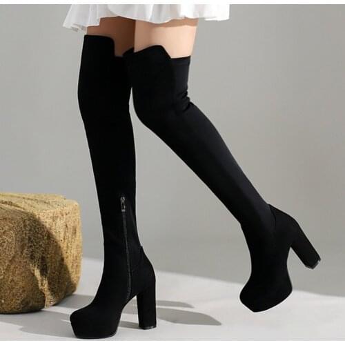 New Lycra Splice Women Shoes Autumn Flocking Over The Knee Boots Fashion Square High Heels Winter Warm Platform Lady Long Boots