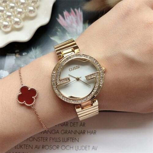 Cussi Gold Womens Watch Unique Design Rhinestones Luxury Brand Ladies Bracelet Watches Fashion Quartz Wristwatches reloj mujer