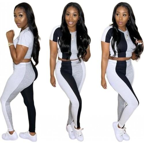 Two Piece Set Women 2021 Summer Stitching Pit Strip Short-Sleeved T-Shirt + Pencil Trousers Suit New Fashion Slim Tracksuit Gray