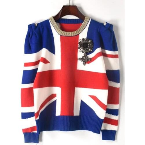Runway Designer Pullover 2020 Autumn Winter Sweater Women British Flag Jacquard Jersey Shrugged Badge Knit Jumper Tops Cllthes