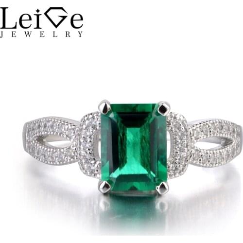 Leige Jewelry Emerald Ring 925 Sterling Silver Wedding Anniversary Rings for Women Emerald Cut Green Gemstone Fine Jewelry