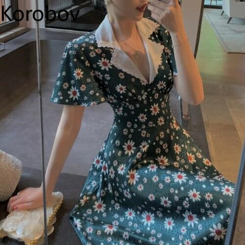 Korobov Vintage Flower Print Women Summer Dress 2020 New Chic V Neck Hit Color Patchwork Dresses Korean Chic A-Line Vestidos