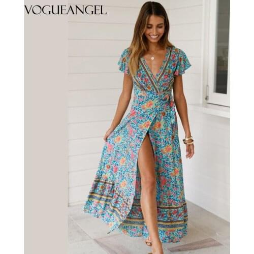 Vintage Floral Maxi Dresses Elegant Beach Sash Sexy V Neck Split Print Tunic Long Summer Boho Dress Women Vestidos