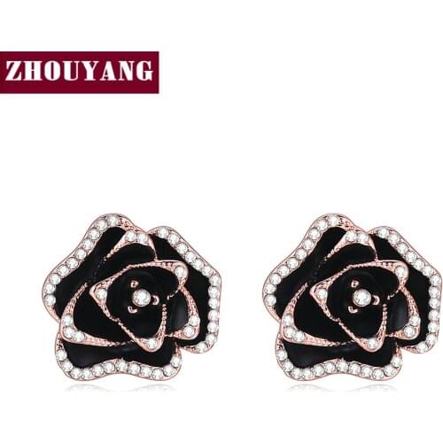 ZHOUYANG Blooming Roses Rose Gold Color Austrian crystal Stud Earrings Fashion Jewelry For Party Wedding Gift ZYE729
