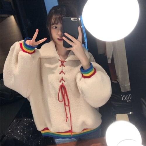 Women Korean Rainbow Tops Female Casual Sweatshirt Cute Long Sleeve Hoodie Oversize Korean Ulzzang Chic Kawaii Streetwear