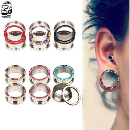 2PCS Ear Plugs Tunnels Crystal Screw Fit Flesh Tunnel Ear Expanders Lobe Stretcher Kit Piercings Oreja 316L Steel Body Jewlery