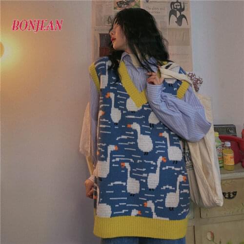 2021 Retro V-neck Loose Kawaii Harajuku Style Sweater Vest Female College Style New Cute Korean Sweater