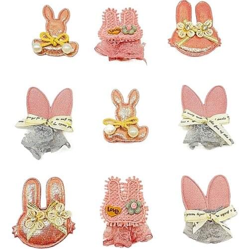 5pcs Plush Felties Rabbit Flower Rhinestone Lace Applique for DIY Clothes Hat Headwear Patch Sewing Crafts Shoes Socks Decor