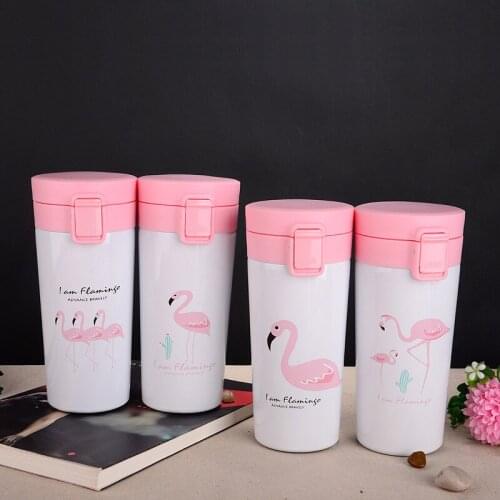380ml Bouncing Cover Cup Flamingo Pattern Vacuum Flask Creative Stainless Steel Thermos Cup Student Travel Portable Water Bottle