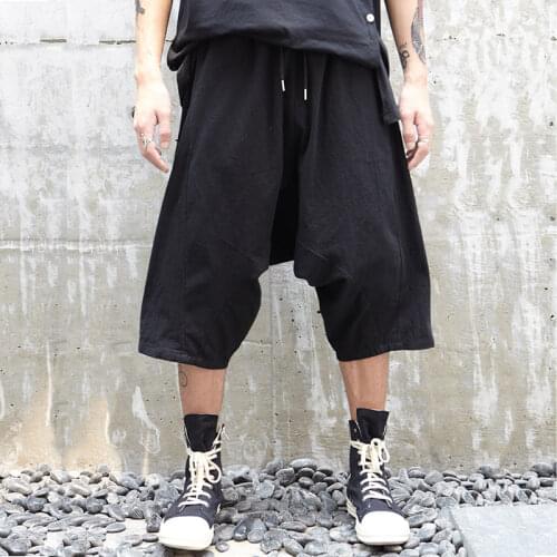 Men Japan Dark Black Cotton Linen Low Crotch Casual Pant Male Loose Harem Trousers Streetwear Hip Hop Wide Leg Pant