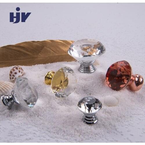HJY Glass Furniture Knobs Transparent Crystal Diamond Rose Gold Handles Cupboard Drawer Pull Kitchen Cabinet Handles 20-40mm