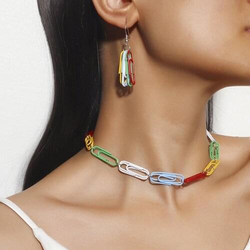 Fashion Colorful Paper Clip Chain Necklaces and Earrings Set for Women Hip Hop Geometric Choker Necklaces Boho Female Jewelry