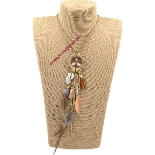 2015New personalized handmade jewelry supplier unique boho feather pendant long Necklaces summer style for women