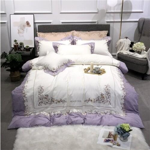 New luxury Purple Embroidered 100S Egyptian cotton Royal Bedding sets Queen King Princess Duvet Bed sheet set Pillowcases 4/6pcs