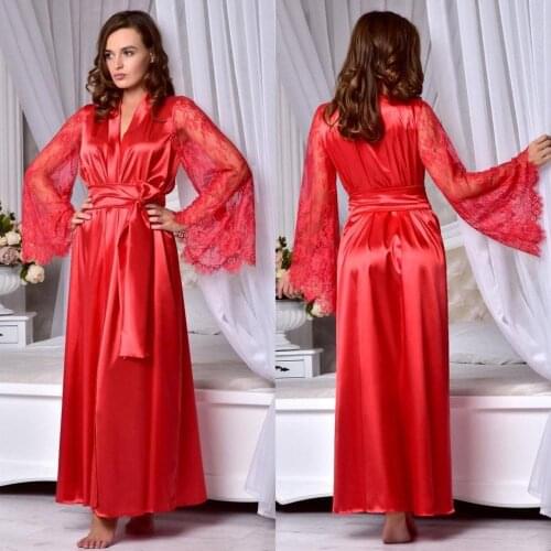 Red Bridal Bathrobe Lingerie Lace Floor Length Robes Long Sleeve Sleepwear Satin Silk Nightwear Babydoll Robe Dressing Gowns