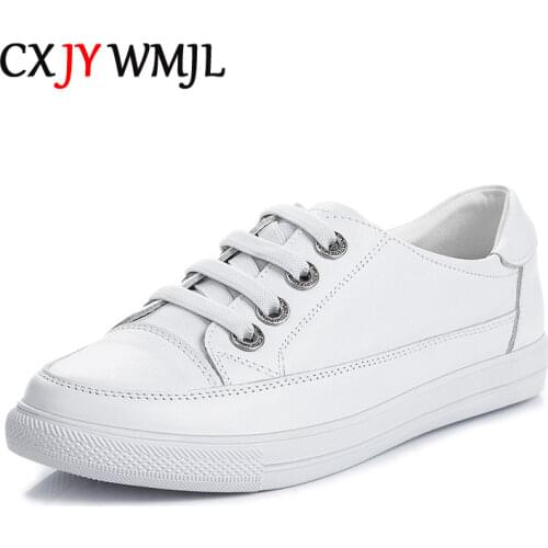 CXJYWMJL Women Genuine Leather Sneakers Large Size 35-42 Little White Shoes Fashion Ladies Vulcanized Shoes Woman Summer Flats