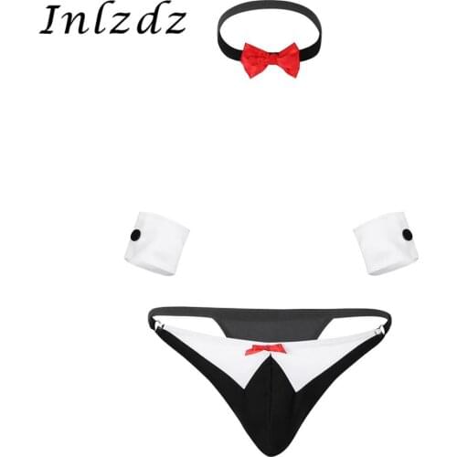 Mens Erotic Lingerie Set Sex Cosplay Sexy Role Play Games Costume Bow Tie Tuxedo Thong G-string Briefs with Collar and Bracelets