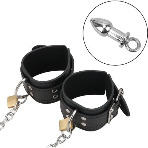 Enema Handcuff Bondage Kit Erotic Anal Plug Sex Restraints with Anal Plug Leather Wrist Cuff Sex Toys For Women