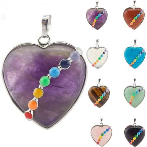 Natural Crystal Colorful Chakra Love Heart Pendant Copper Alloy Hanging Head Jewellery Making DIY Necklace Jewelry Accessories