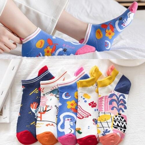 5 Pairs Women Socks Funny Cute Cartoon Summer Pattern Set Print Girl Art Color Ankle Cotton Casual Invisible Slippers Lot