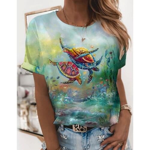 NEW Women 3D Sea Turtle Print T-shirts Oil Painting T Shirt Girls Summer Tees Top Clothing Natural Scenery Clothes Casual Tops