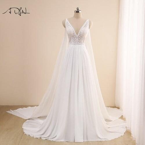 Charming Spaghetti Straps Boho Wedding Dress with Shawl Sexy High Split Bohemian Lace Bride Dress Chiffon Beach Bridal Gown
