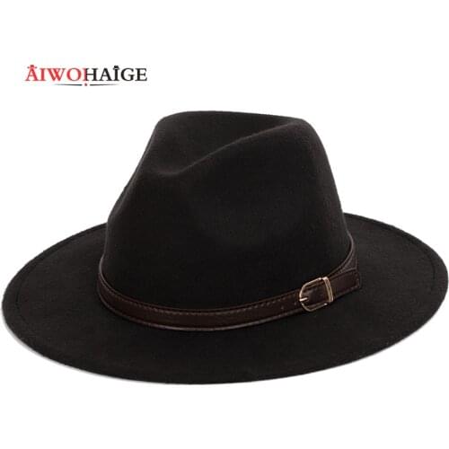 Bowler hat man mens fashion shallow fedora hats classic unisex solid color belt gold buckle large size caps 60CM wool warm male
