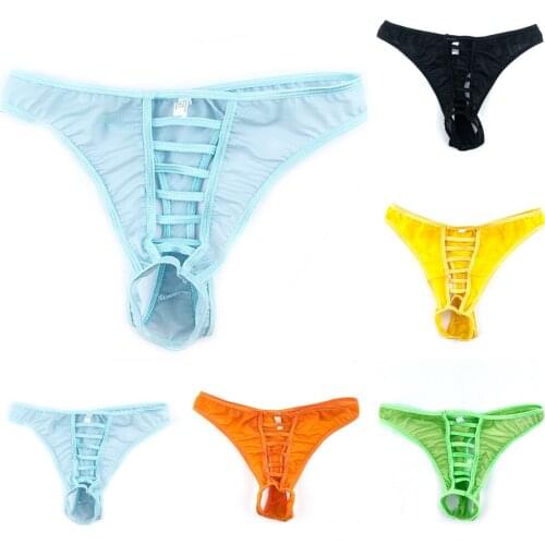 High-Quality Men Underwear Sexy Fishnet Open Crotch Briefs Thong T-Back G-String Hollow Breathable Bag Low