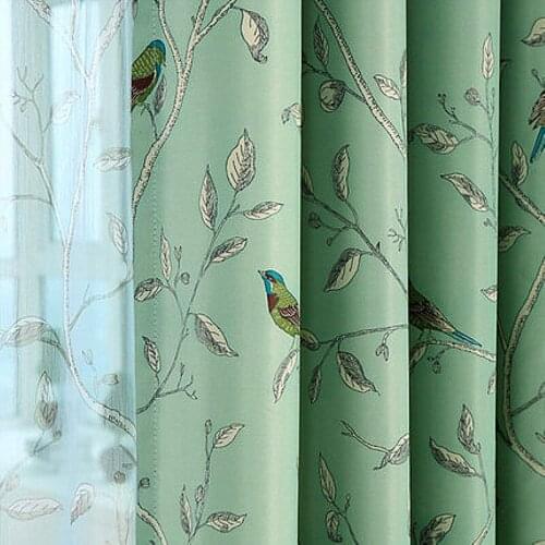 Modern Simple Pastoral Curtain American Printing Green Bird Physical Black Silk High Shading Curtains for Living Room Bedroom