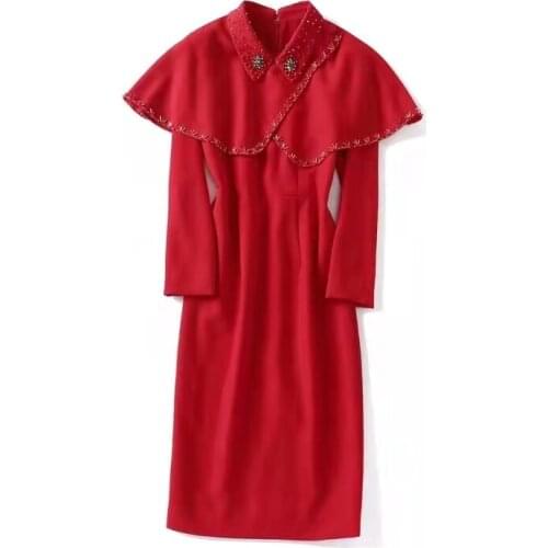 European and American womens wear new autumn 2022 Long-sleeved beaded cape lapels Fashionable red and black dress