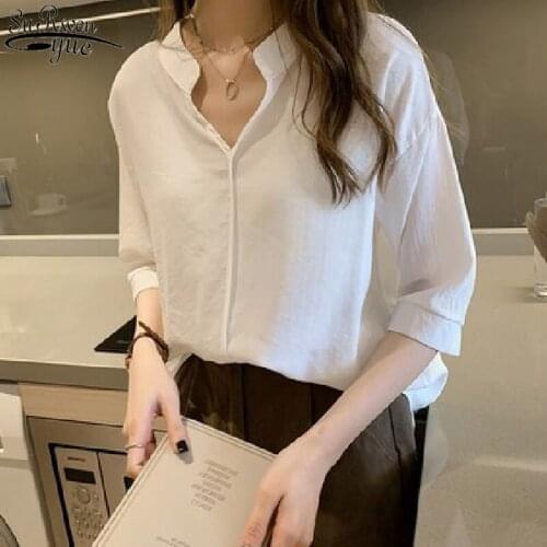 2020 Summer Pullover Ladies Tops Plus Size Solid Elegant Chiffon Shirt Women Office Casual Loose V Neck Blouse Blusas 9998