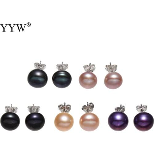 YYW Natural Pearl Stud Earring For Women 9-12mm Purple Pink Black Blue Freshwater Pearls Earring Pendientes Mujer Moda 2019