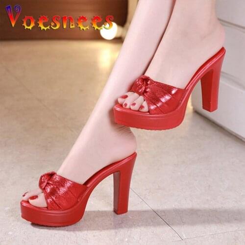 2021 New Slippers Women Platform Sexy High Heel 10CM Party Shoes Comfortable Flock Bow Ladies Summer Thick Heel Outdoor Sandals