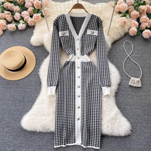 SINGREINY Chic Houndstooth Knitted Dress Vintage Single Breasted Slim Sheath Dress Autumn Winter Warm Sexy Bodycon Sweater Dress