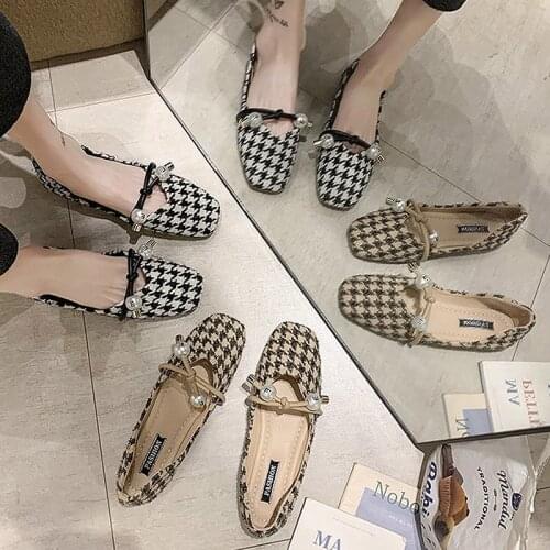 2021 Style Female Shoes Plaid Costume Tweed Flats Shallow String Bead Mary Janes Shoes Square Toe Slip on zapatos mujer 8913L