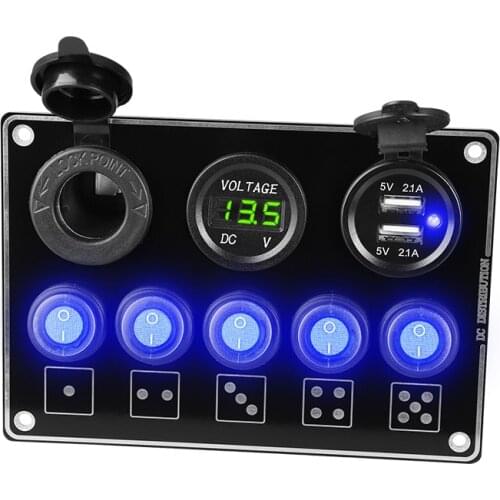 5 Gang Waterproof Marine Boat Rocker Switch Panel with 12V/24V Dual USB Socket Voltmeter LED Car Charger SUV Marine RV Truck