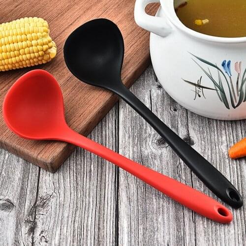 Non-Stick Silicone Spoon Heat-Resistant Tableware Long Handle Soup Spoons Round Scoop with Hygienic Coating Kitchen Cooking Tool