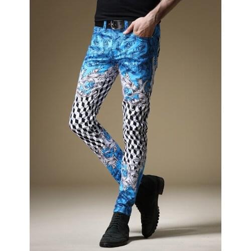Free Shipping New mens male European American style jeans brand slim hip-hop non-mainstream printing trend denim pants trousers