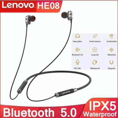 Lenovo HE08 Bluetooth Earphone Dual Dynamic HIFI Stereo Neckband Wireless Headphones With Microphone 4 Speakers Sports Headset