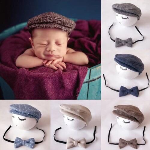 Baby Newborn Peaked Beanie Cap Hat Bow Tie Photo Photography Prop Infant Boy Caps