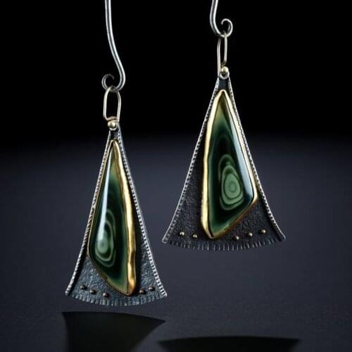 Classic Triangle Green Resin Stone Drop Earrings Boho Ancient Metal Fan Shaped Spiral Ripple Dangle Earring Jewelry